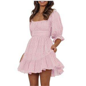 Pretty Garden Eyelet Overlay Short Puff Sleeve Ruffle Hem Babydoll Boho Dresses